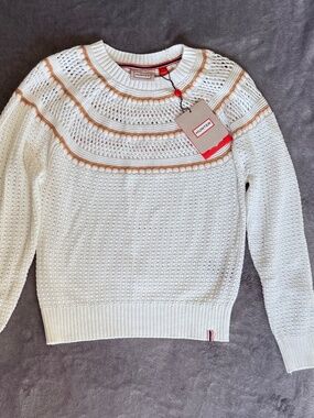 Hunter Women's 100% Cotton Pointelle Knit Pullover Sweater White S NWT